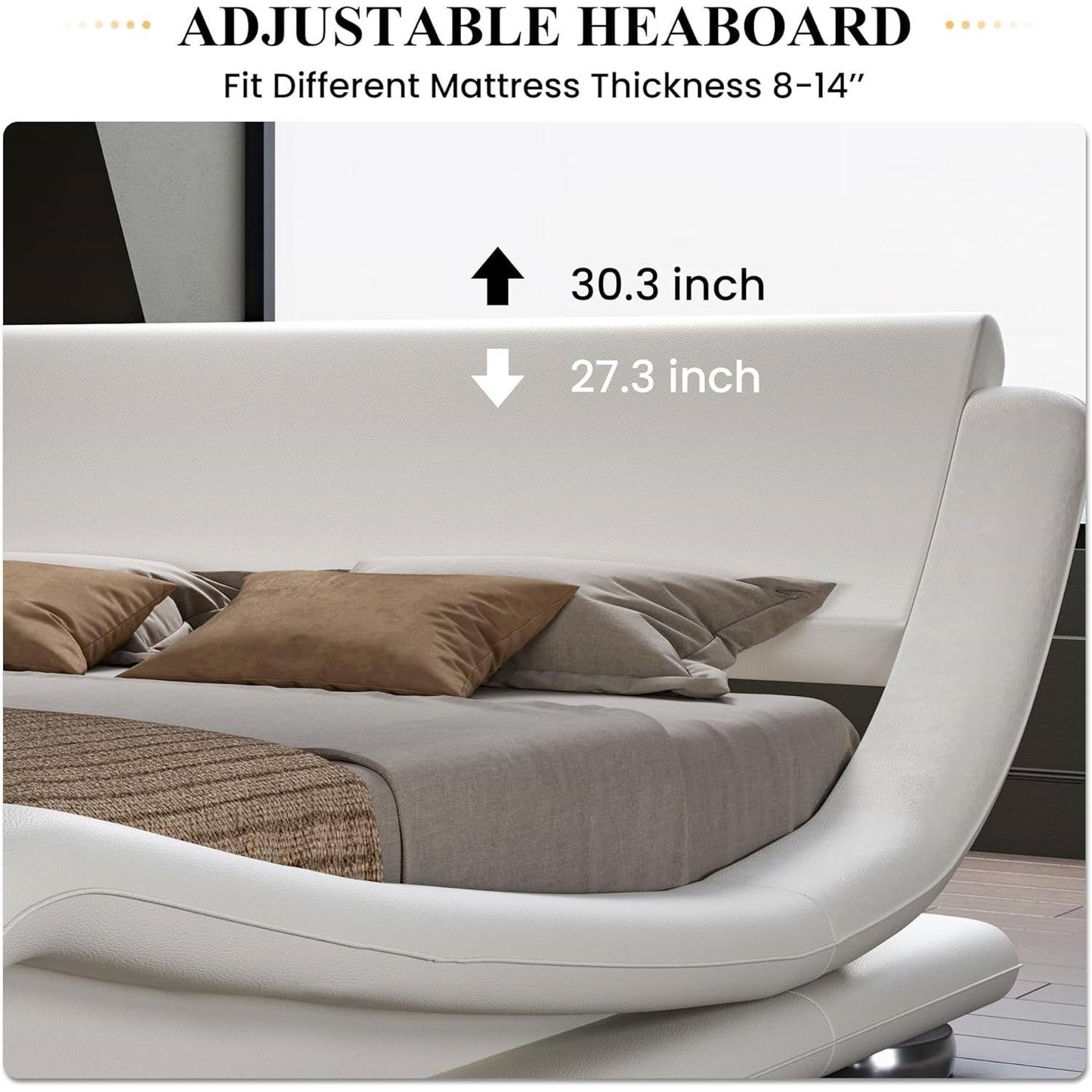Full Modern White Upholstered Platform Bed Frame with Sleigh Curved Headboard LuxuryLifeWay Online Store
