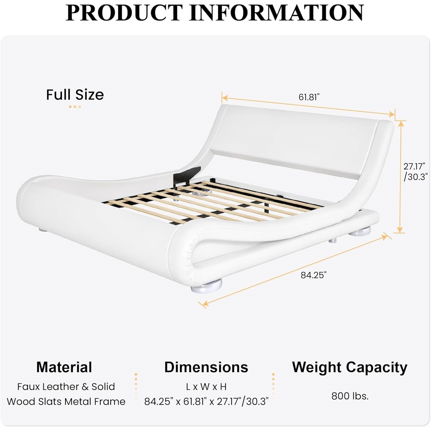 Full Modern White Upholstered Platform Bed Frame with Sleigh Curved Headboard LuxuryLifeWay Online Store