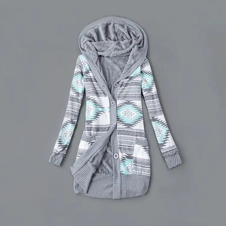 Thick Printed Hooded Knitted Cardigan Jacket