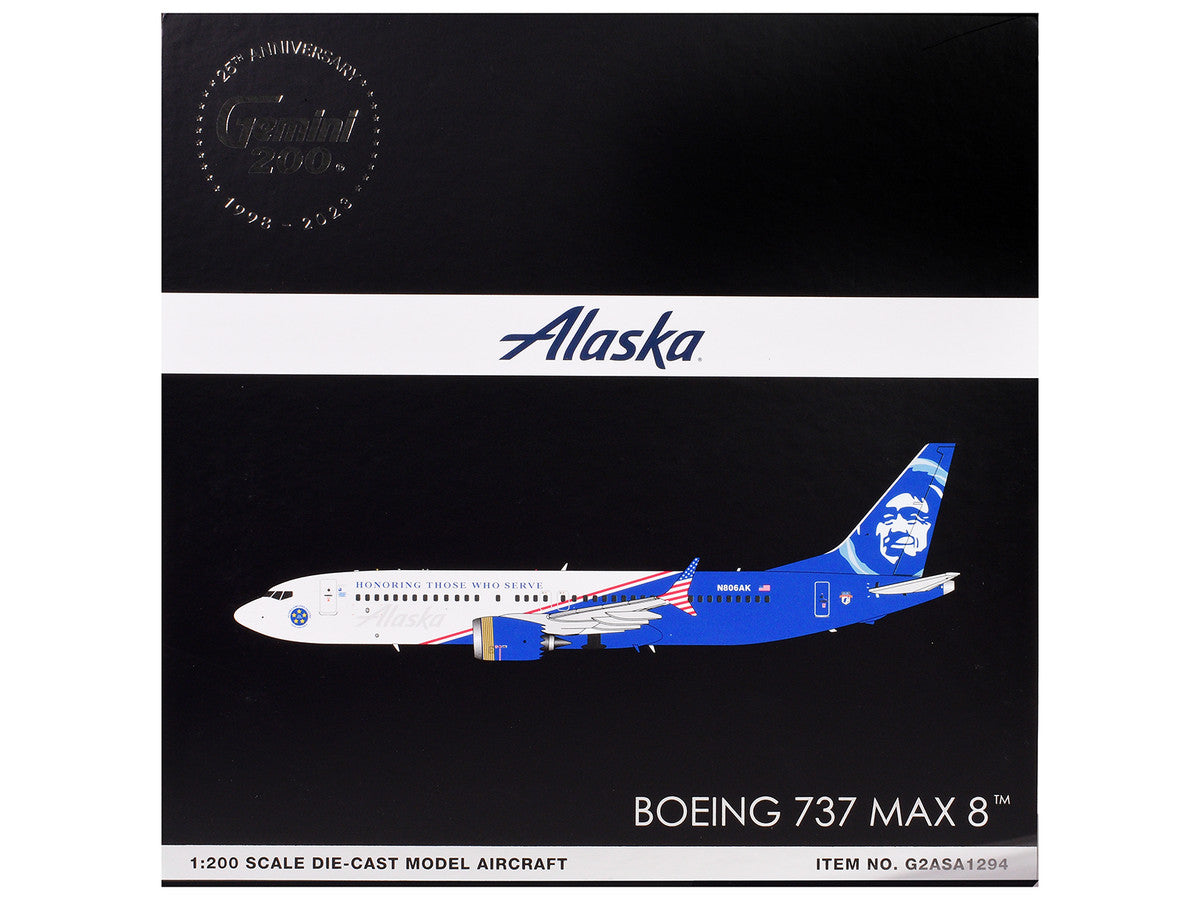 Boeing 737 MAX 8 Commercial Aircraft "Alaska Airlines - Honoring Those Who Serve" (N806AK) White and Blue "Gemini 200" Series 1/200 Diecast Model Airplane by GeminiJets LuxuryLifeWay Online Store