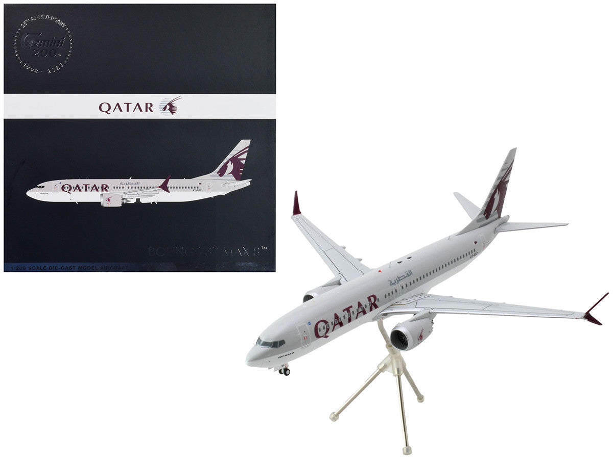 Boeing 737 MAX 8 Commercial Aircraft "Qatar Airways" Gray and White with Tail Graphics "Gemini 200" Series 1/200 Diecast Model Airplane by GeminiJets LuxuryLifeWay Online Store