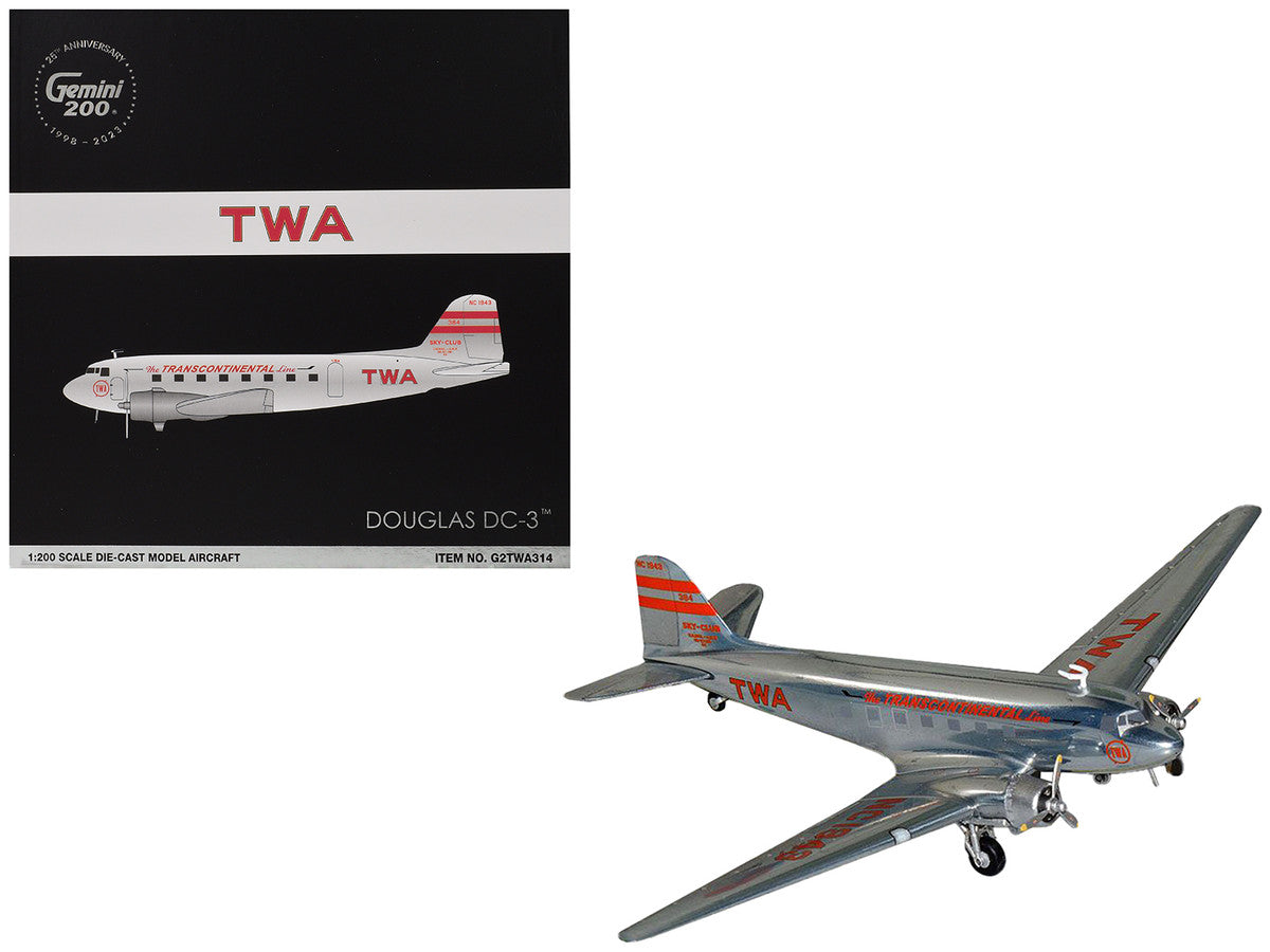 Douglas DC-3 Commercial Aircraft "TWA (Trans World Airlines)" (NC1943) Polished Metal Finish with Red Tail Stripes "Gemini 200" Series 1/200 Diecast Model Airplane by GeminiJets LuxuryLifeWay Online Store