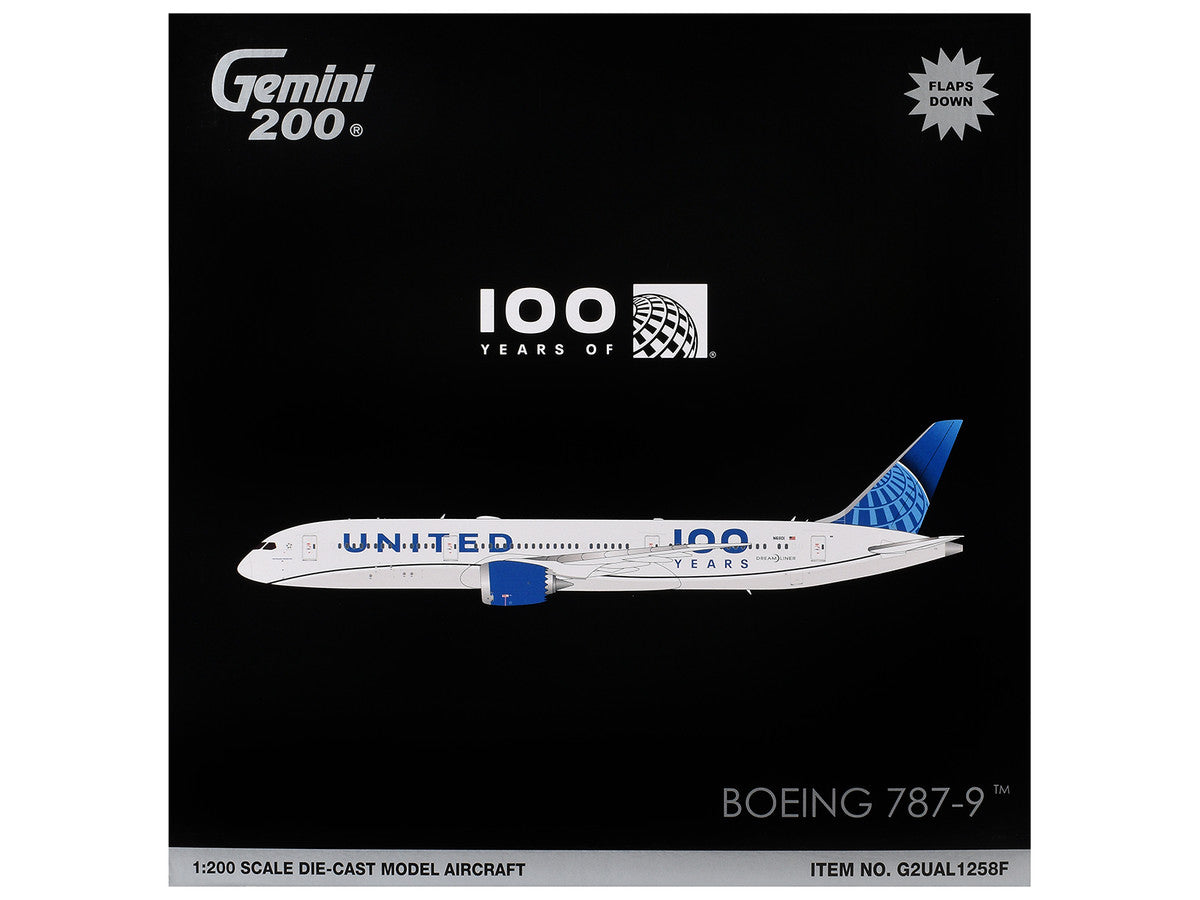 Boeing 787-9 Commercial Aircraft with Flaps Down "United Airlines 100 Years" (N61101) White with Graphics and Blue Tail "Gemini 200" Series 1/200 Diecast Model by GeminiJets LuxuryLifeWay Online Store