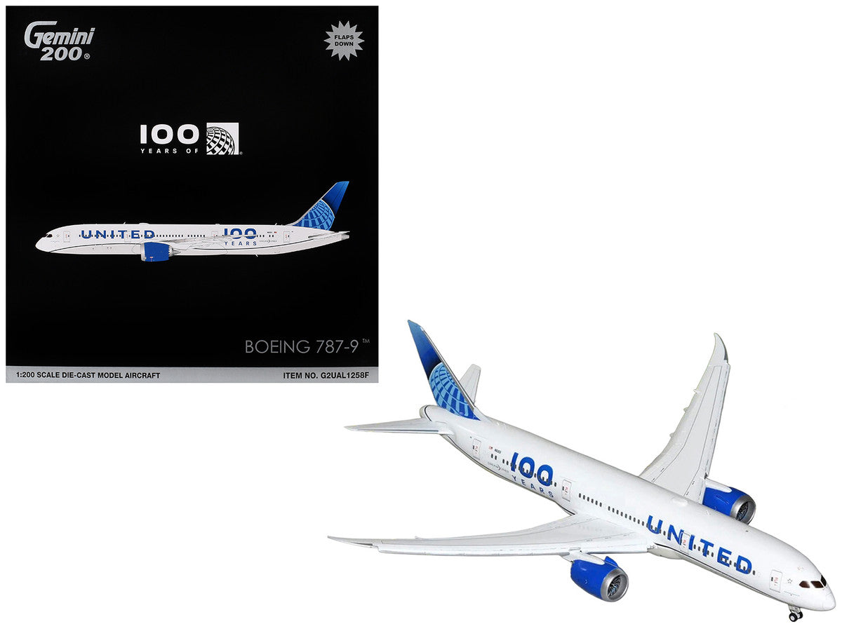 Boeing 787-9 Commercial Aircraft with Flaps Down "United Airlines 100 Years" (N61101) White with Graphics and Blue Tail "Gemini 200" Series 1/200 Diecast Model by GeminiJets LuxuryLifeWay Online Store