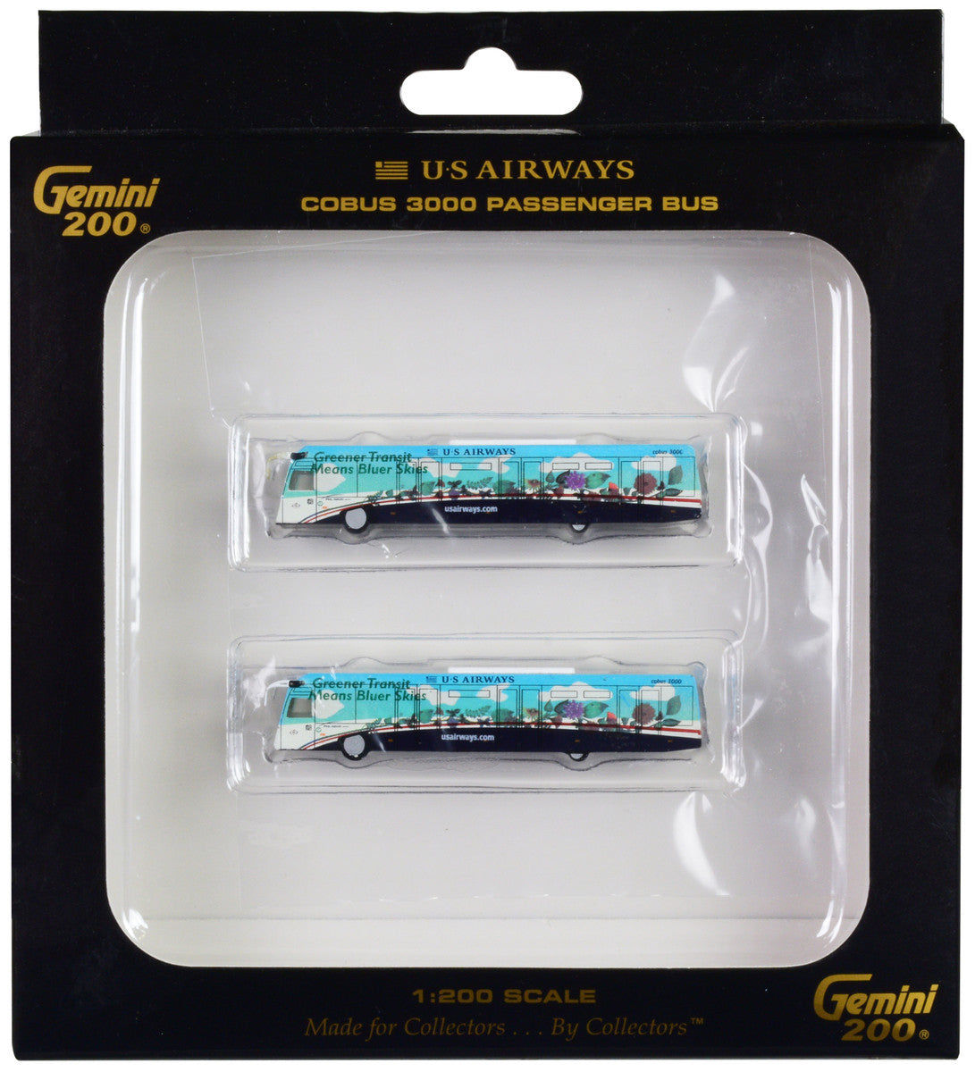 Cobus 3000 Passenger Bus White and Blue with Graphics "US Airways Shuttle Bus - Greener Transit" 2 Piece Set "Gemini 200" Series Diecast Models by GeminiJets LuxuryLifeWay Online Store