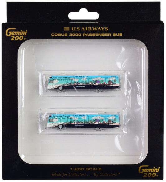 Cobus 3000 Passenger Bus White and Blue with Graphics "US Airways Shuttle Bus - Greener Transit" 2 Piece Set "Gemini 200" Series Diecast Models by GeminiJets LuxuryLifeWay Online Store