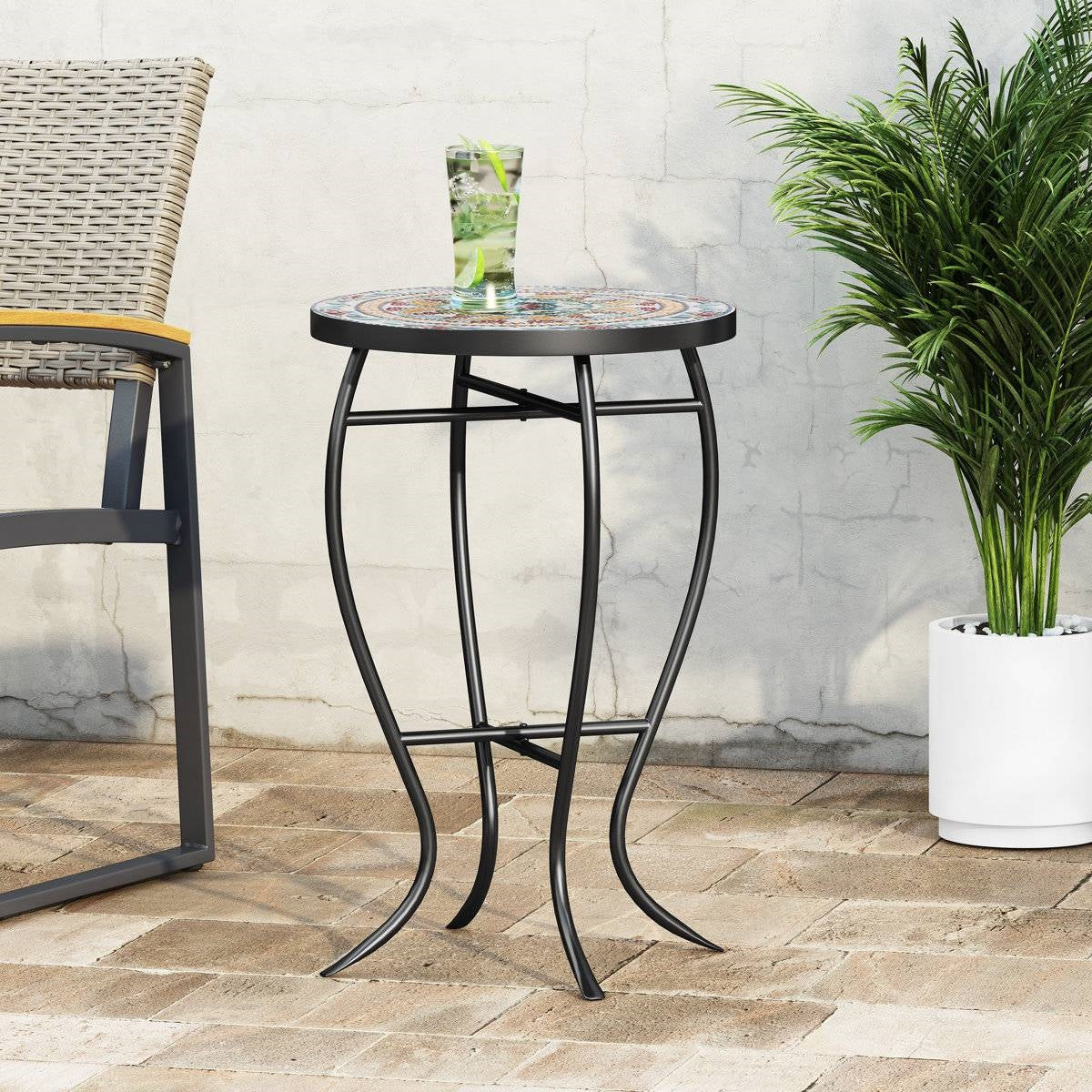 Round Mosaic Tile Bistro Style Outdoor Patio Table with Metal Base LuxuryLifeWay Online Store