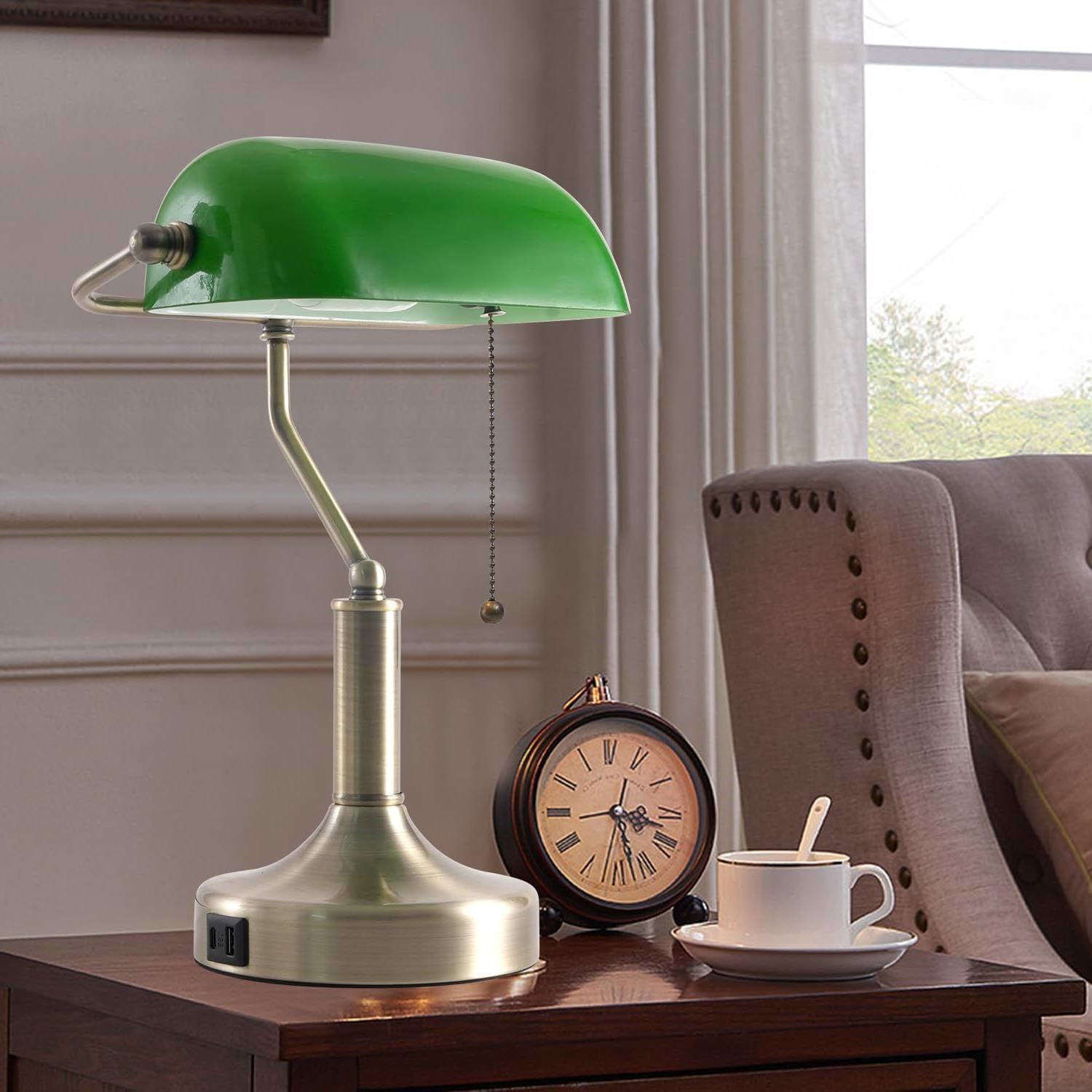 Traditional Bankers Desk Lamp Table Light with Green Glass Shade and USB Ports LuxuryLifeWay Online Store