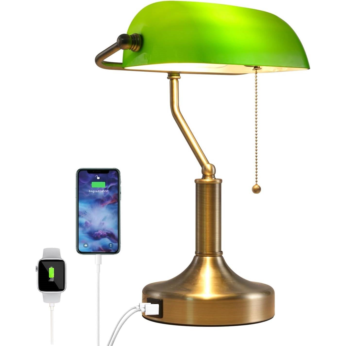 Traditional Bankers Desk Lamp Table Light with Green Glass Shade and USB Ports LuxuryLifeWay Online Store