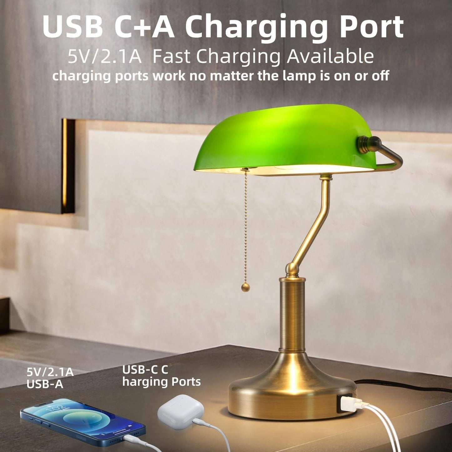 Traditional Bankers Desk Lamp Table Light with Green Glass Shade and USB Ports LuxuryLifeWay Online Store