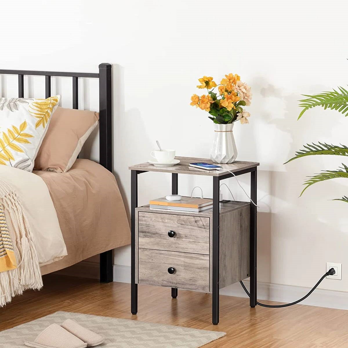 Modern Black Metal Nightstand with Grey Wood Finish Drawers and Shelf LuxuryLifeWay Online Store