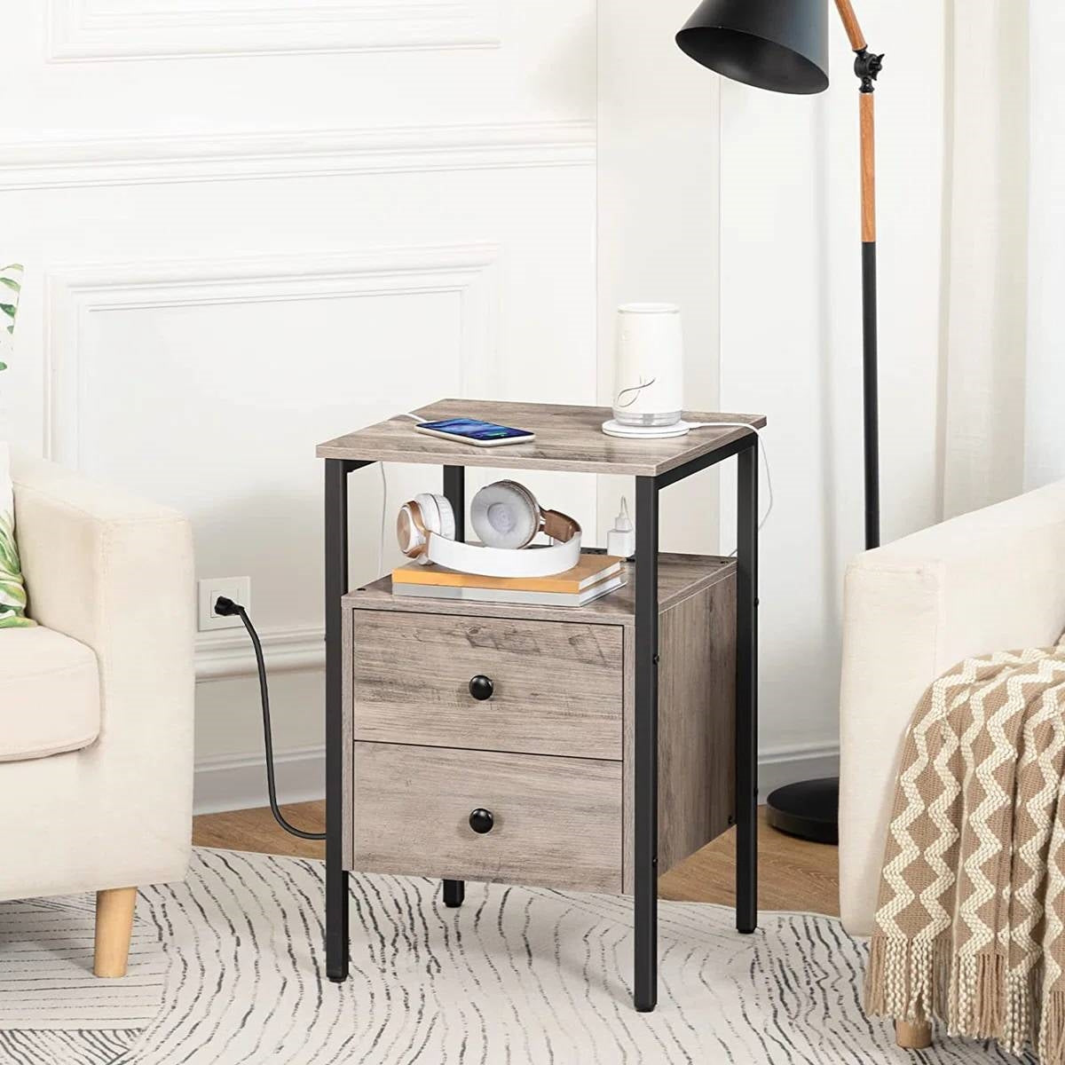Modern Black Metal Nightstand with Grey Wood Finish Drawers and Shelf LuxuryLifeWay Online Store