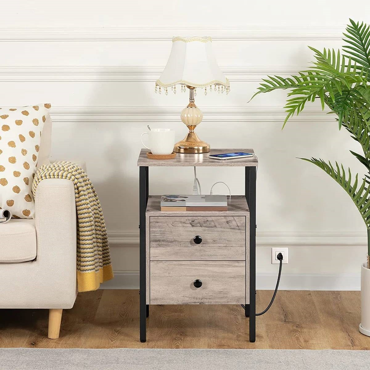 Modern Black Metal Nightstand with Grey Wood Finish Drawers and Shelf LuxuryLifeWay Online Store