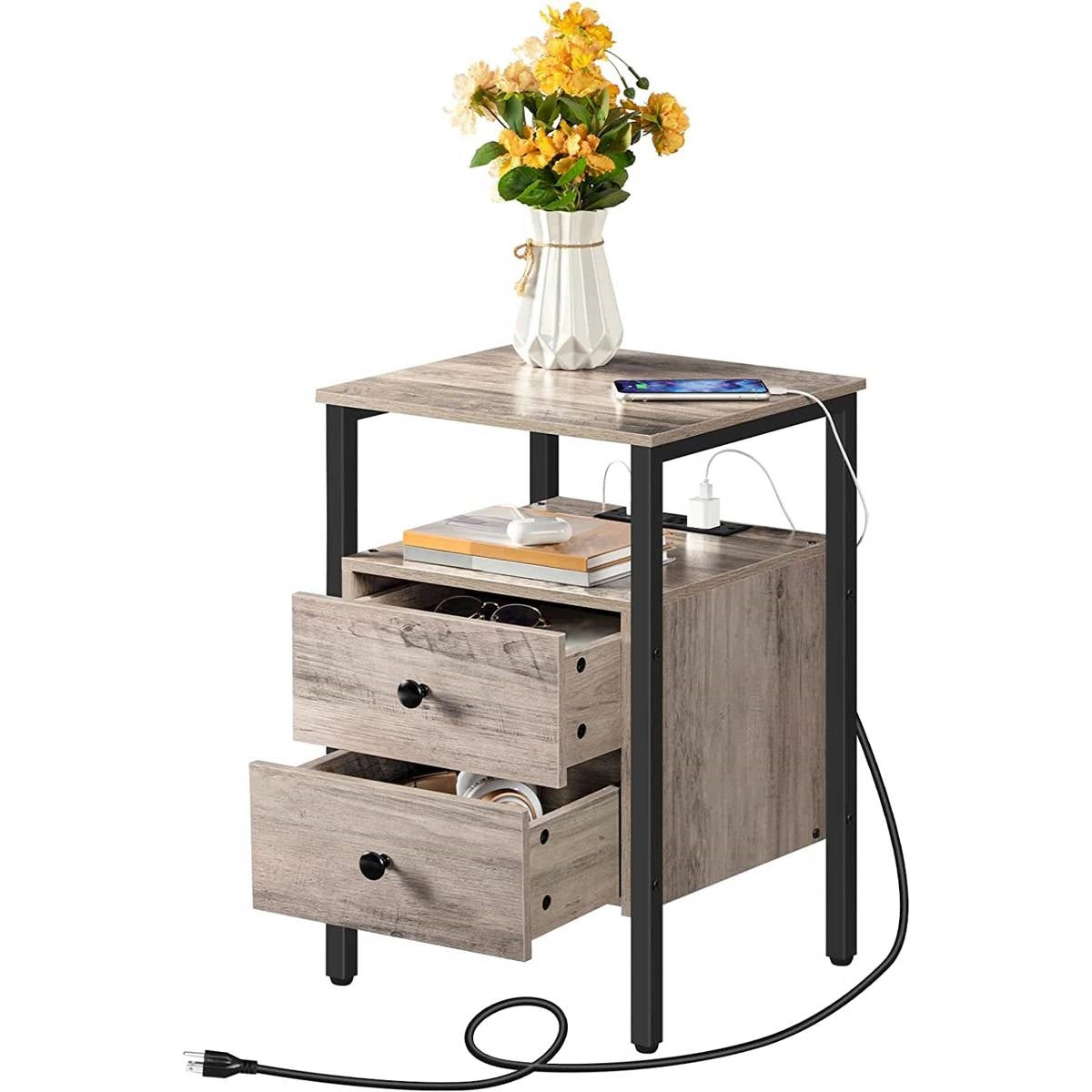 Modern Black Metal Nightstand with Grey Wood Finish Drawers and Shelf LuxuryLifeWay Online Store