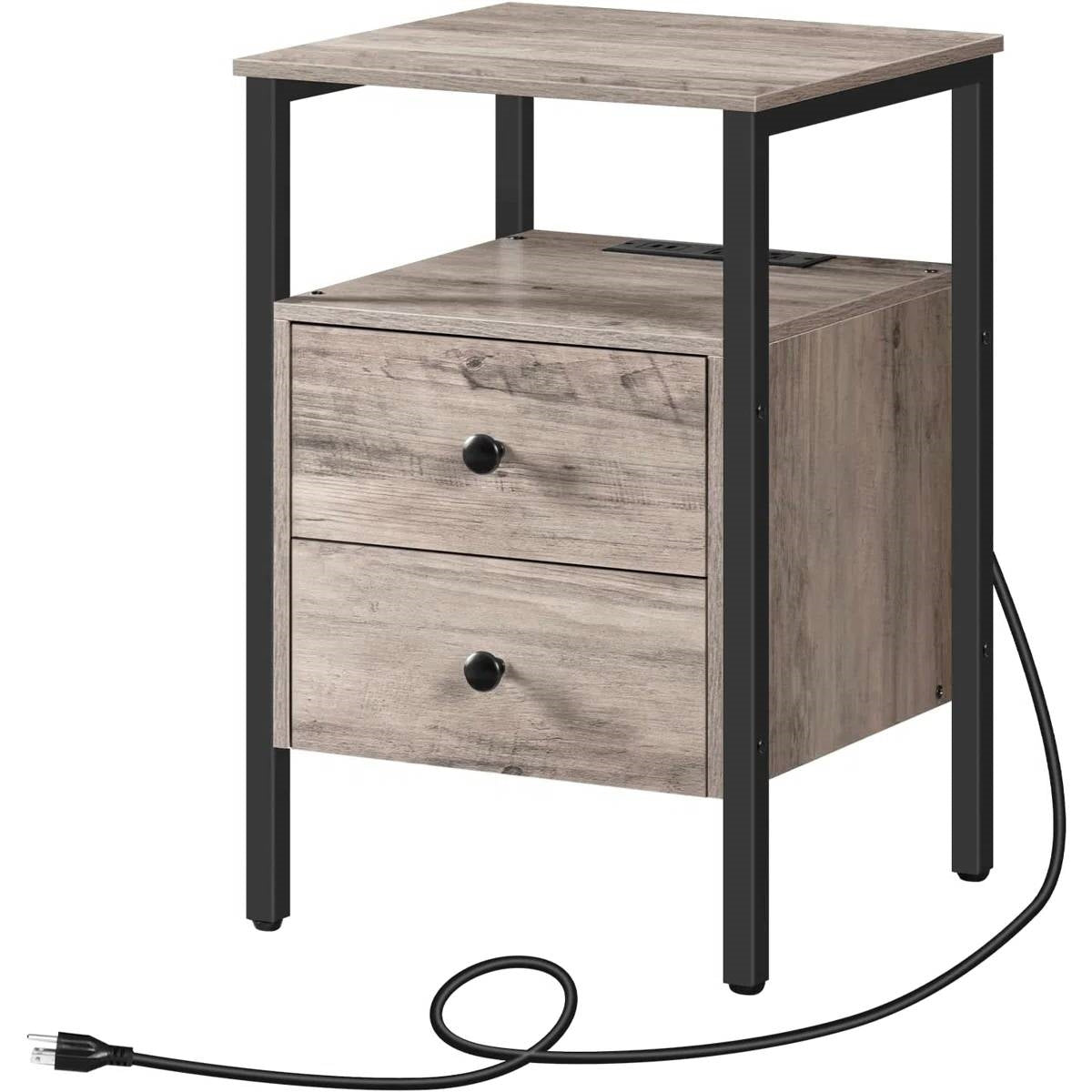 Modern Black Metal Nightstand with Grey Wood Finish Drawers and Shelf LuxuryLifeWay Online Store