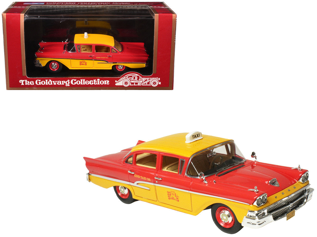 1958 Ford Custom 300 Taxi Cab "Kind Taxi Co." Red and Yellow with Yellow Interior Limited Edition to 200 pieces Worldwide 1/43 Model Car by Goldvarg Collection LuxuryLifeWay Online Store