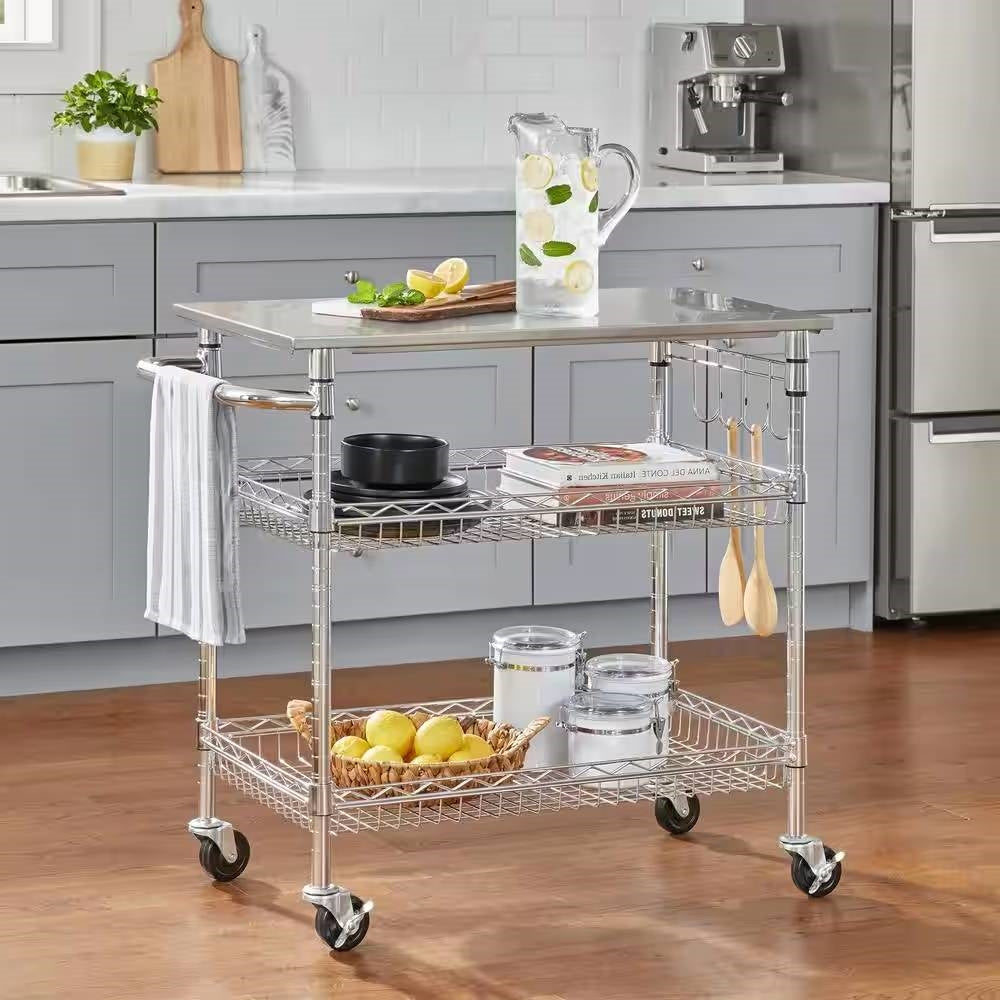 Kitchen Island Cart with Stainless Steel Top and 2 Bottom Storage Shelves LuxuryLifeWay Online Store