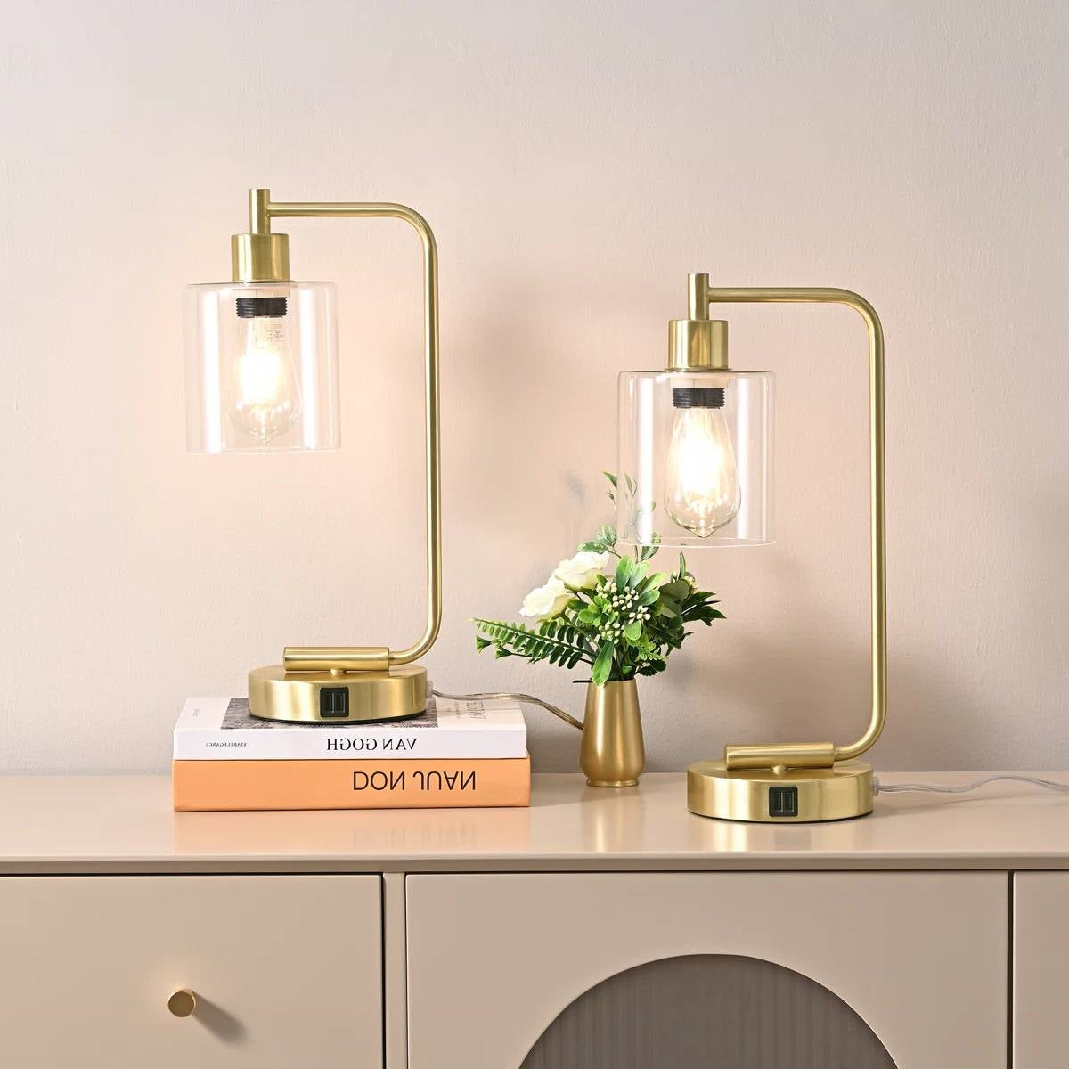 Set of 2 - Gold Farmhouse Bedside Table Lamp Desk Light with USB Charging Ports LuxuryLifeWay Online Store