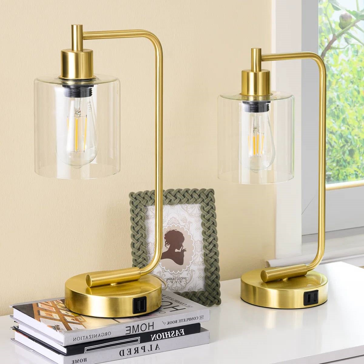 Set of 2 - Gold Farmhouse Bedside Table Lamp Desk Light with USB Charging Ports LuxuryLifeWay Online Store
