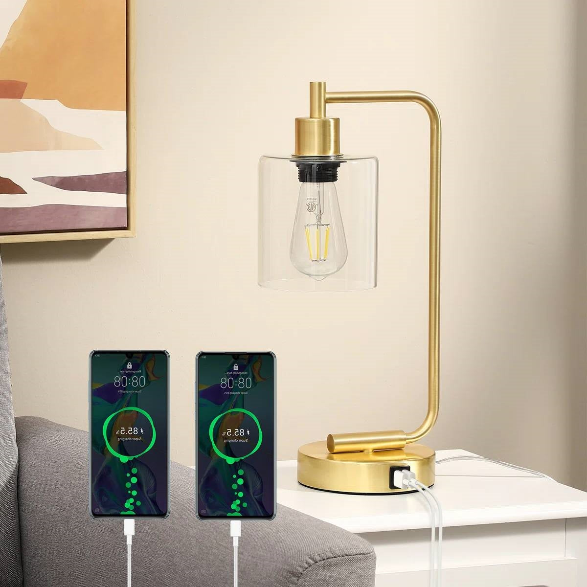 Set of 2 - Gold Farmhouse Bedside Table Lamp Desk Light with USB Charging Ports LuxuryLifeWay Online Store