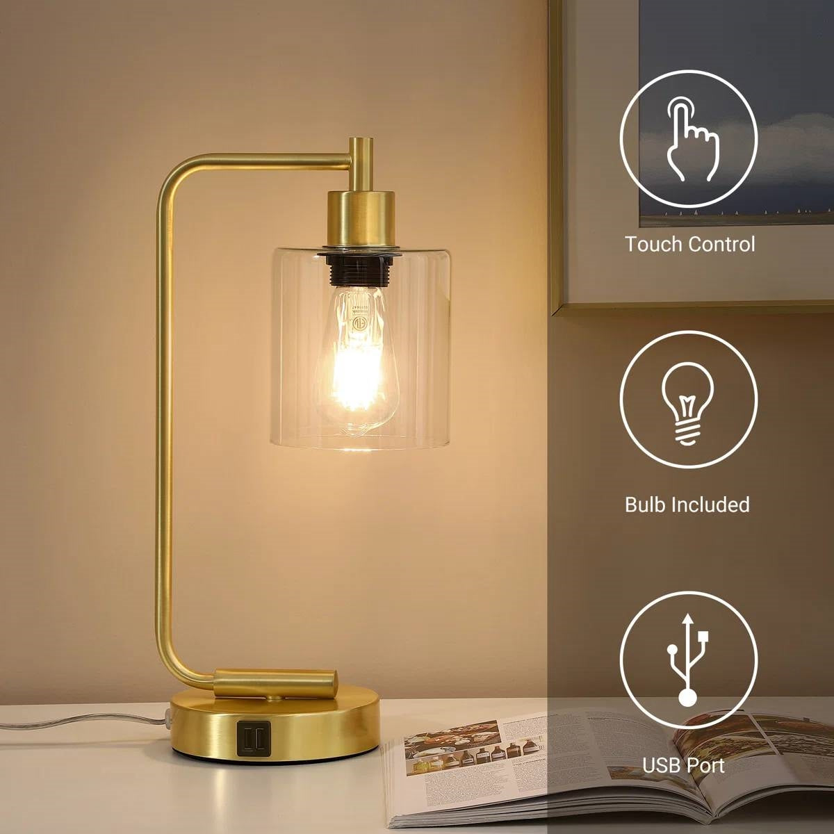 Set of 2 - Gold Farmhouse Bedside Table Lamp Desk Light with USB Charging Ports LuxuryLifeWay Online Store