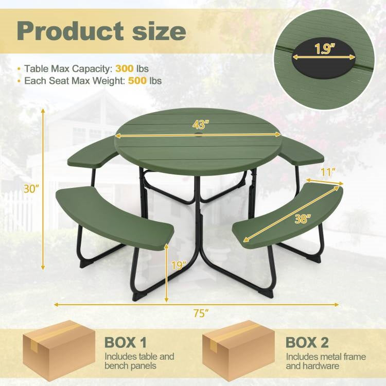 Green All Weather 8 Seater Picnic Table Umbrella Hole LuxuryLifeWay Online Store