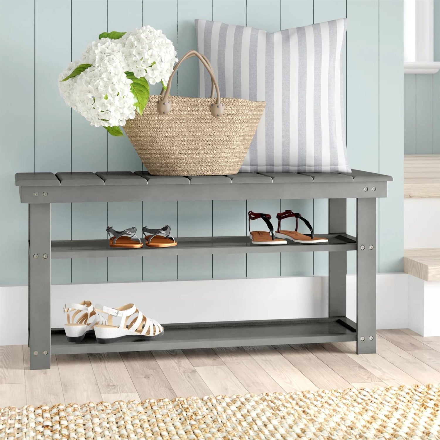 Grey Wood 2-Shelf Shoe Rack Storage Bench For Entryway or Closet LuxuryLifeWay Online Store