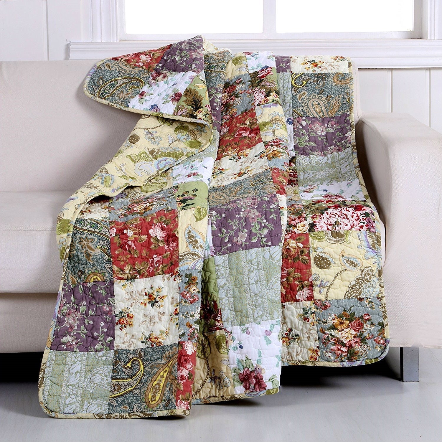 Red Green Blue Purple Yellow White 100-Percent Cotton Floral Patchwork Quilt Throw Blanket LuxuryLifeWay Online Store