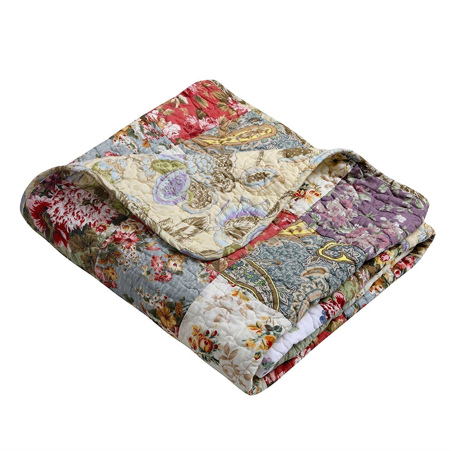 Red Green Blue Purple Yellow White 100-Percent Cotton Floral Patchwork Quilt Throw Blanket LuxuryLifeWay Online Store