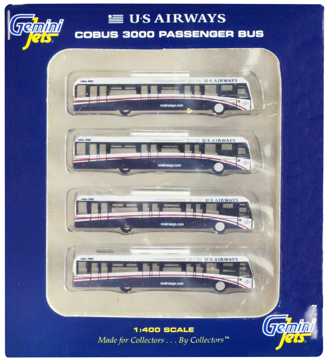 Cobus 3000 Passenger Bus White and Blue "US Airways Shuttle Bus" 4 Piece Set 1/400 Diecast Models by GeminiJets LuxuryLifeWay Online Store
