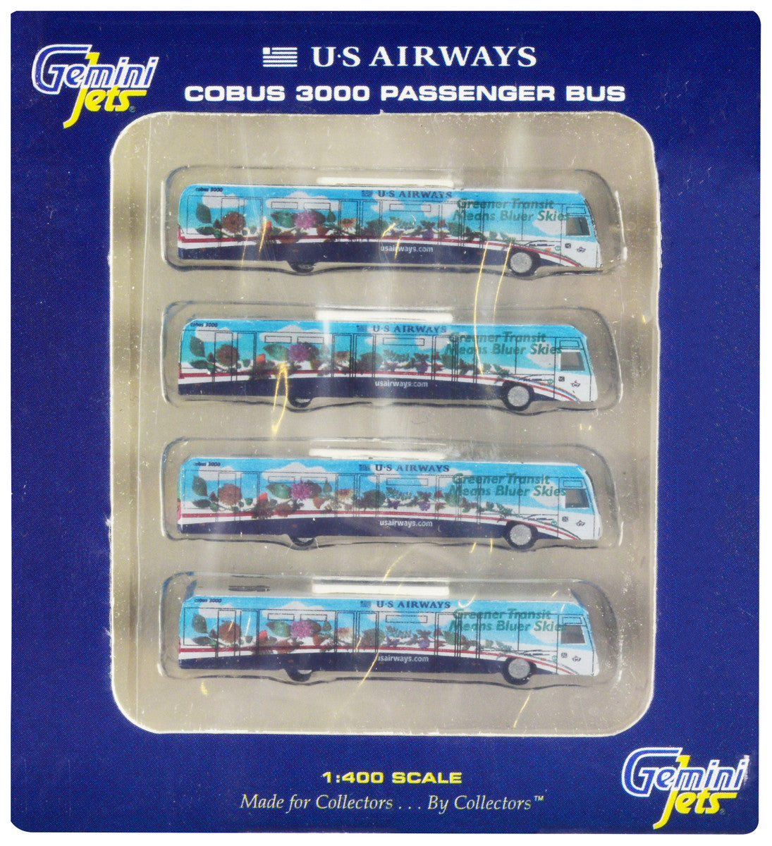 Cobus 3000 Passenger Bus White and Blue with Graphics "US Airways Shuttle Bus - Greener Transit" 4 Piece Set 1/400 Diecast Models by GeminiJets LuxuryLifeWay Online Store