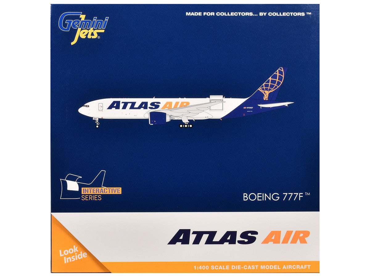 Boeing 777-200LRF Commercial Aircraft "Atlas Air" (N703GT) White with Blue Tail "Interactive Series" 1/400 Diecast Model Airplane by GeminiJets LuxuryLifeWay Online Store