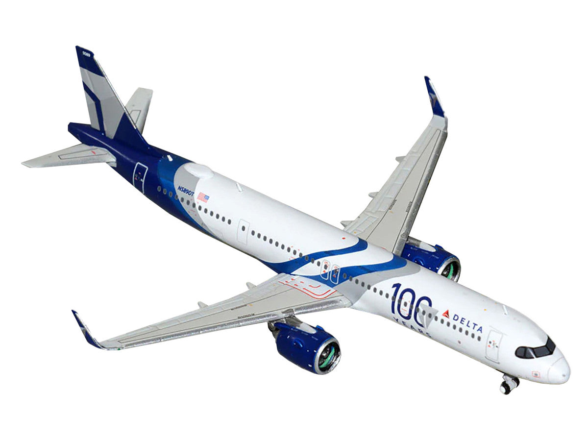 Airbus A321neo Commercial Aircraft "Delta Air Lines 100 Years" (N589DT) White and Blue with Stripes 1/400 Diecast Model Airplane by GeminiJets LuxuryLifeWay Online Store