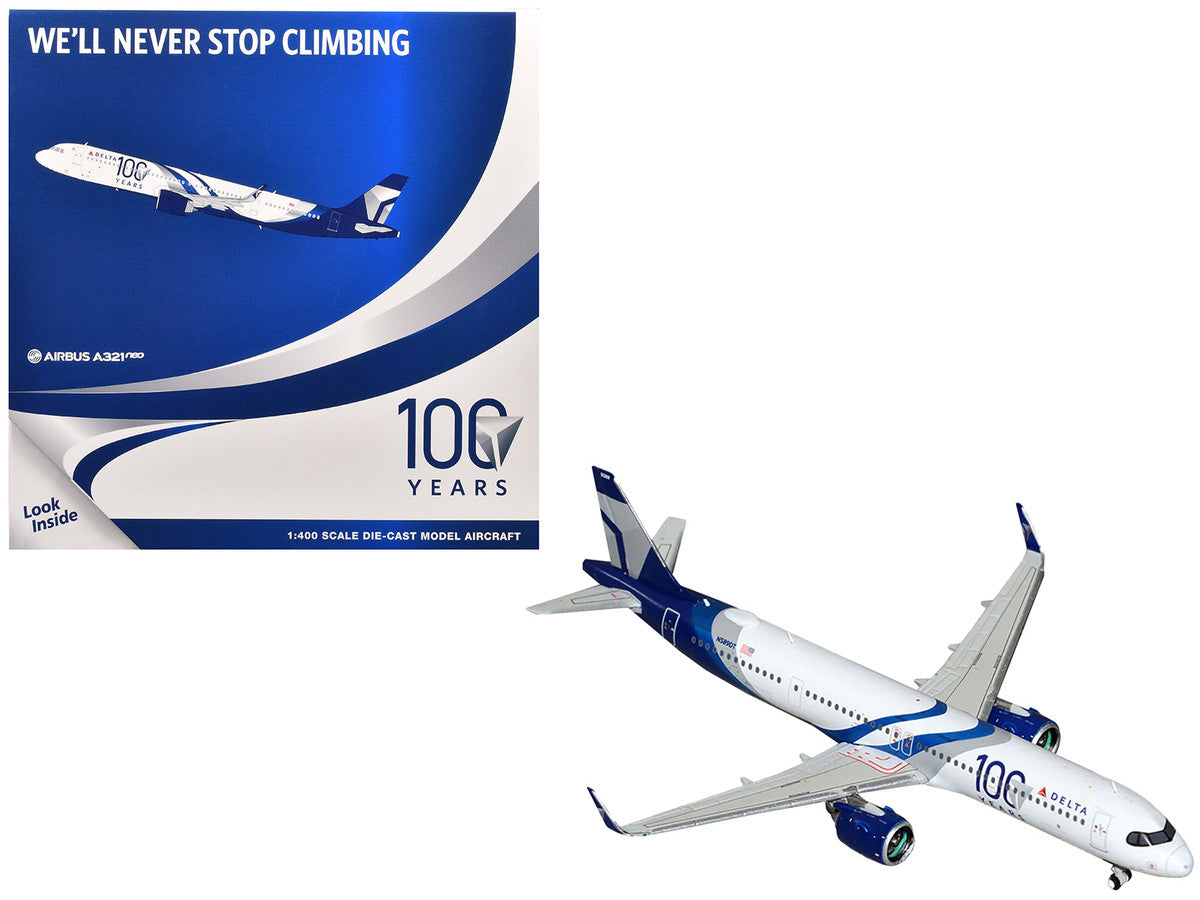 Airbus A321neo Commercial Aircraft "Delta Air Lines 100 Years" (N589DT) White and Blue with Stripes 1/400 Diecast Model Airplane by GeminiJets LuxuryLifeWay Online Store