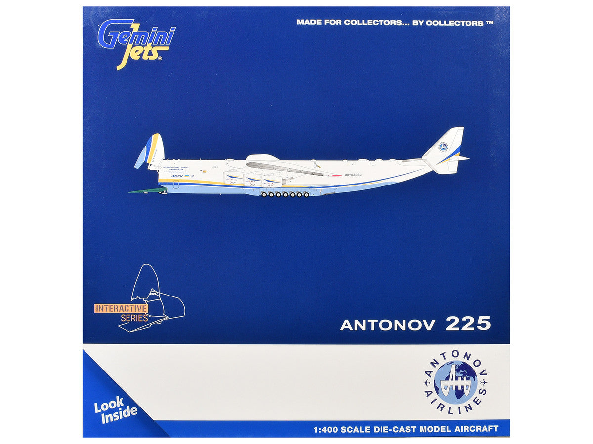 Antonov An-225 Mriya Commercial Aircraft "Antonov Airlines" (UR-82060) White with Blue and Yellow Stripes "Interactive Series" 1/400 Diecast Model by GeminiJets LuxuryLifeWay Online Store
