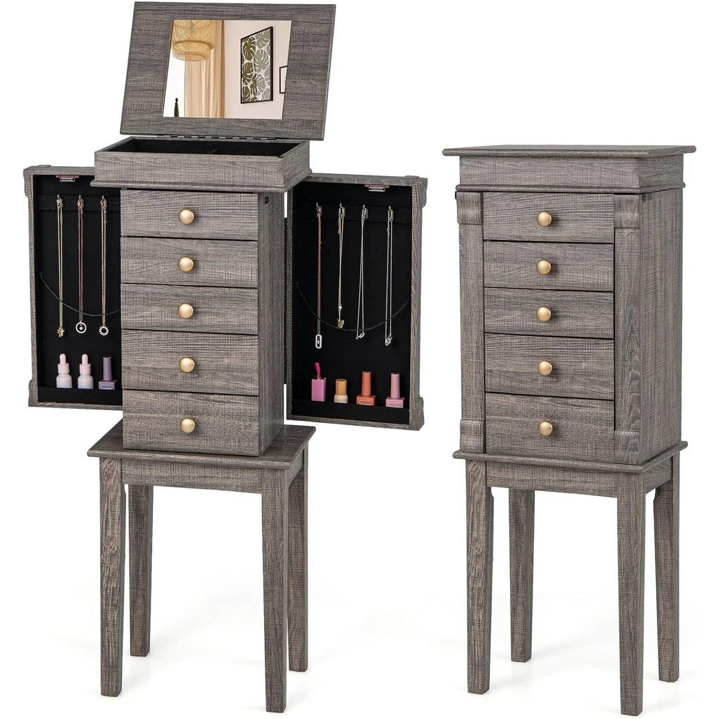 5-Drawer Jewelry Armoire Cabinet with Top Mirror in Grey Wood Finish LuxuryLifeWay Online Store