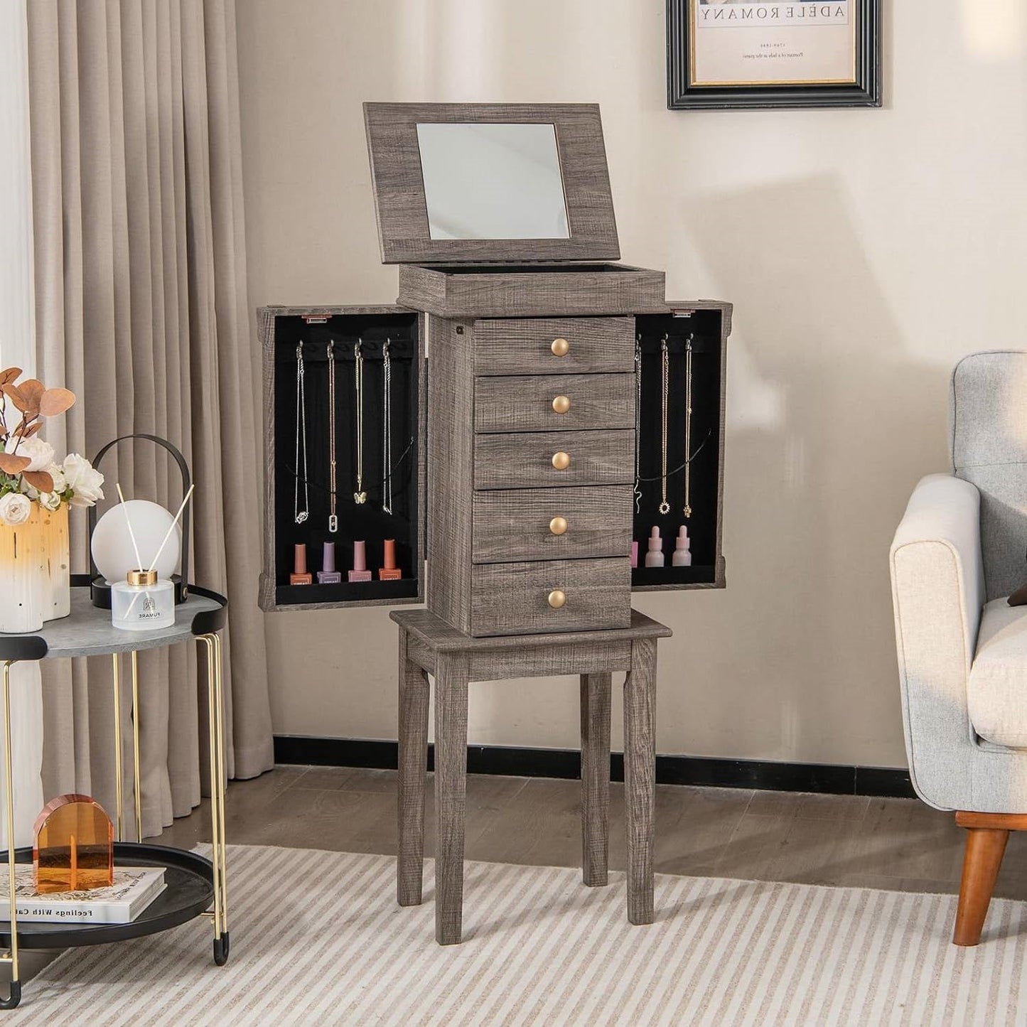 5-Drawer Jewelry Armoire Cabinet with Top Mirror in Grey Wood Finish LuxuryLifeWay Online Store