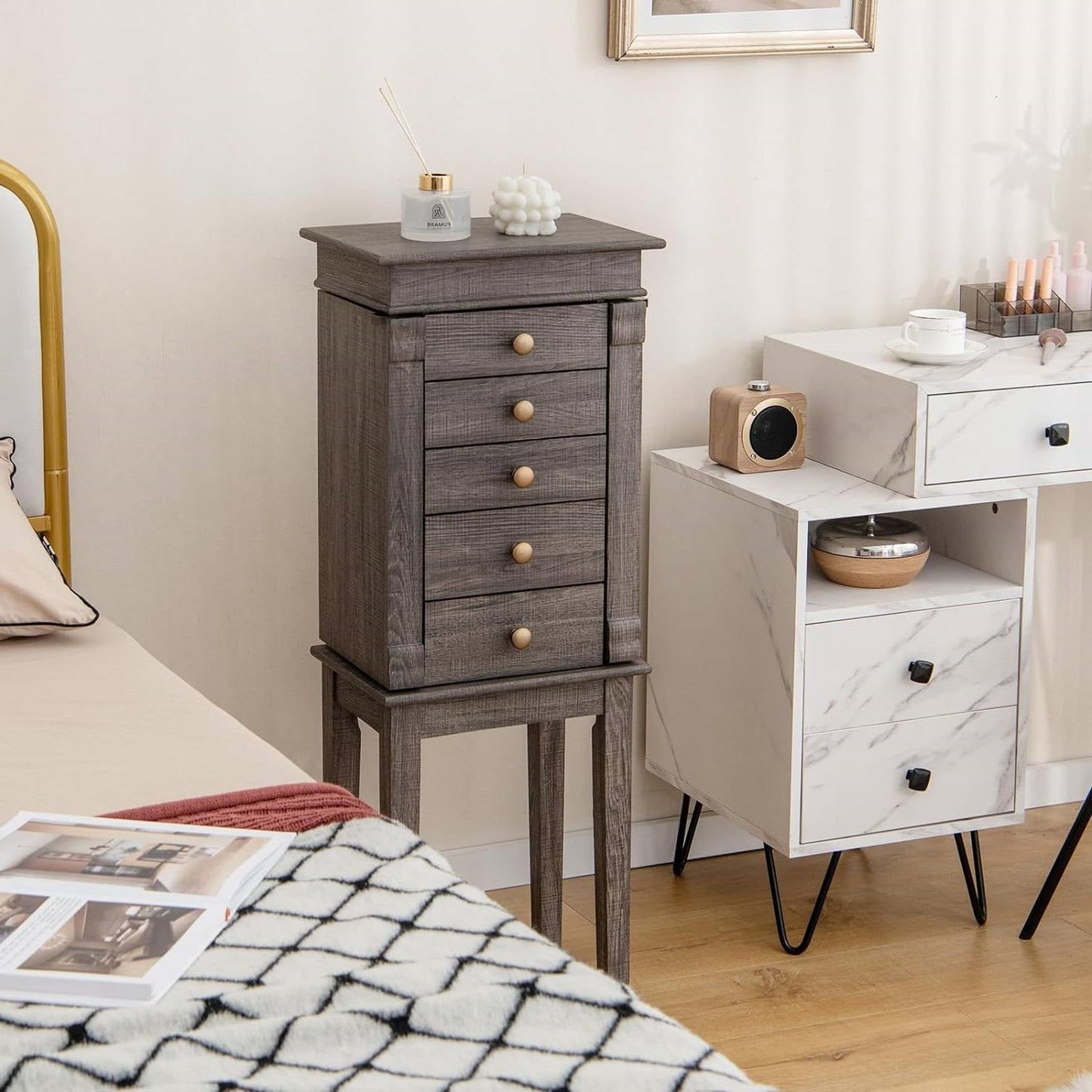 5-Drawer Jewelry Armoire Cabinet with Top Mirror in Grey Wood Finish LuxuryLifeWay Online Store