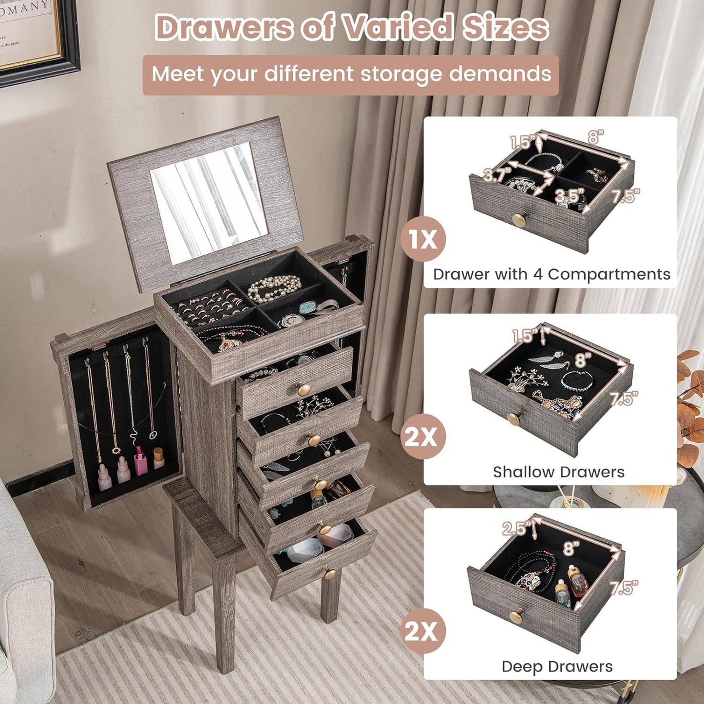 5-Drawer Jewelry Armoire Cabinet with Top Mirror in Grey Wood Finish LuxuryLifeWay Online Store