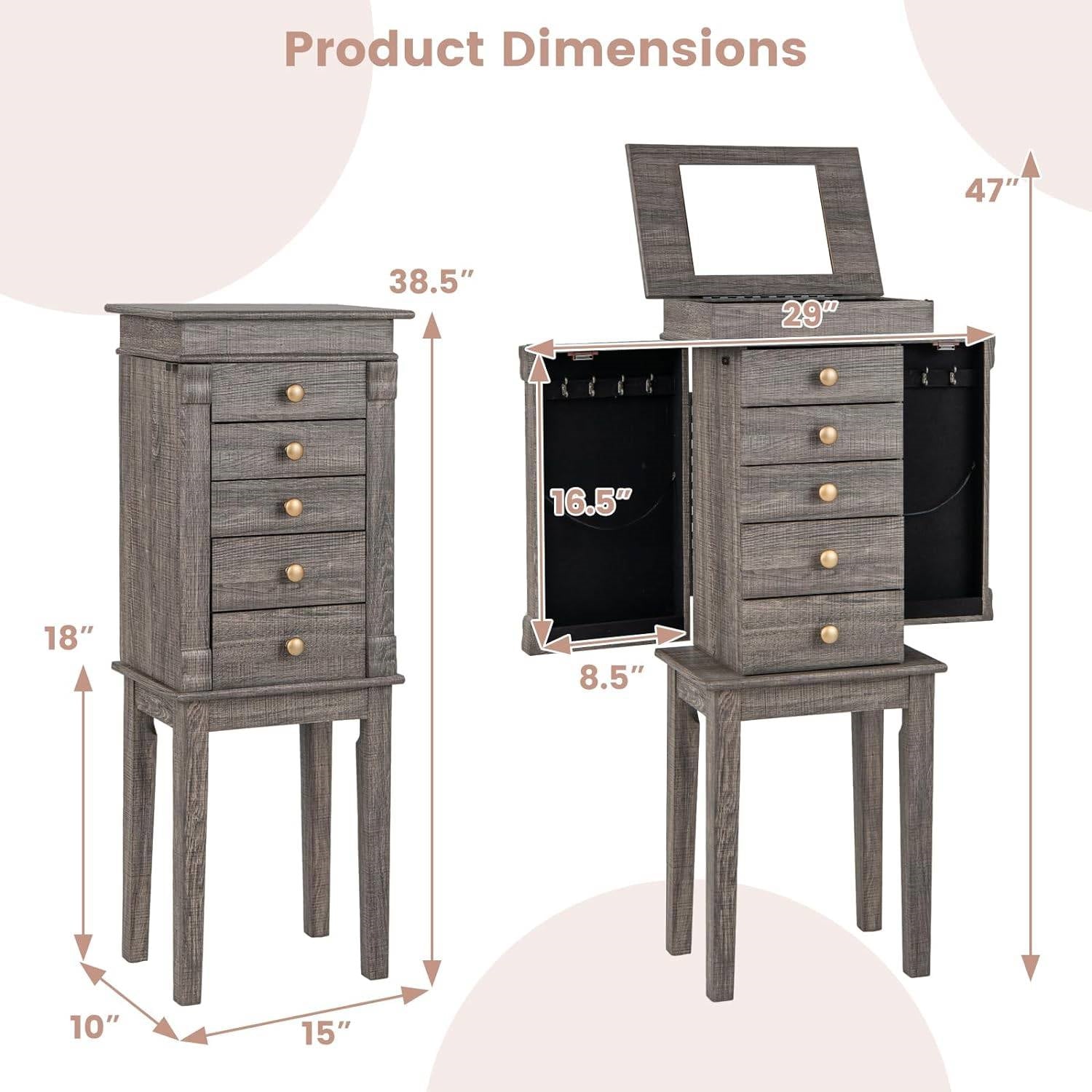 5-Drawer Jewelry Armoire Cabinet with Top Mirror in Grey Wood Finish LuxuryLifeWay Online Store