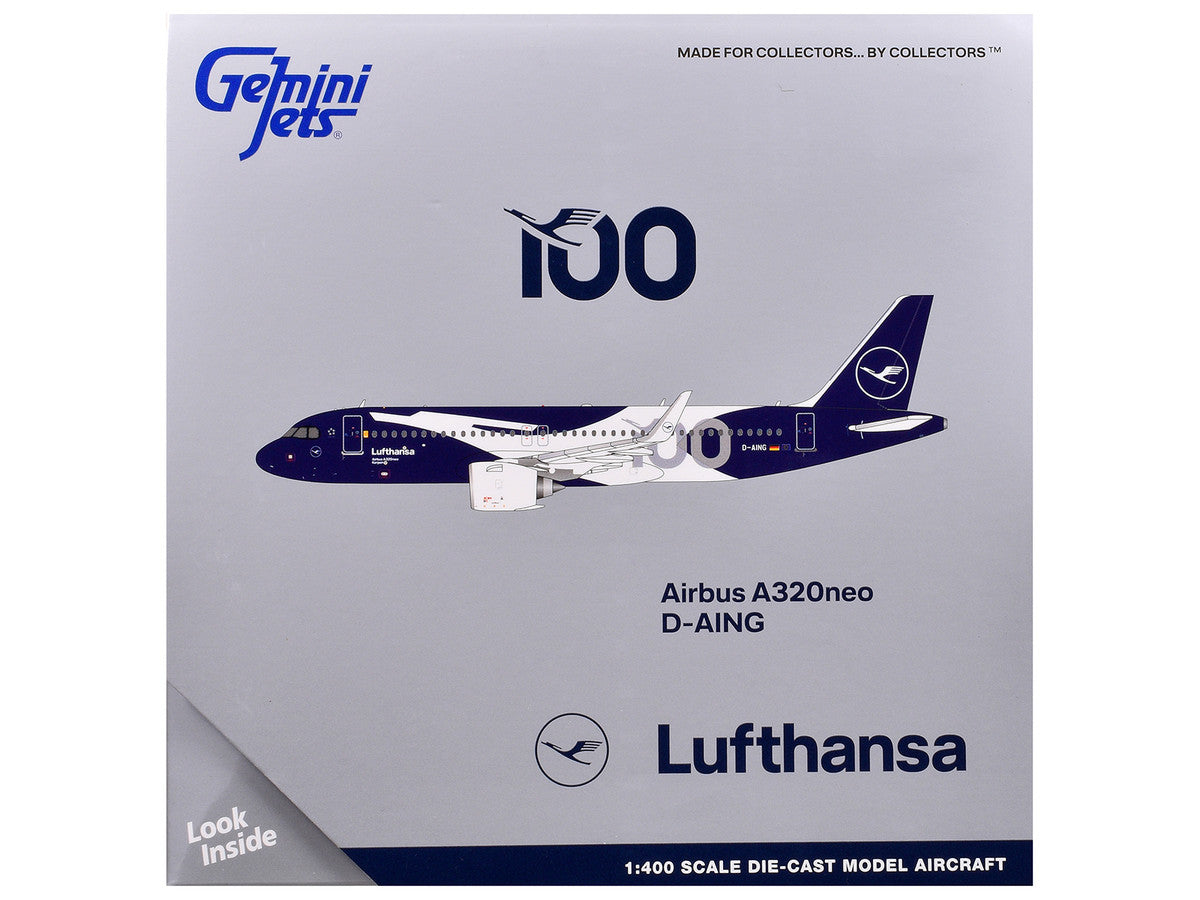 Airbus A320neo Commercial Aircraft "Lufthansa 100th Anniversary" (D-AING) White and Dark Blue 1/400 Diecast Model Airplane by GeminiJets LuxuryLifeWay Online Store