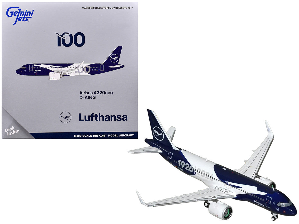 Airbus A320neo Commercial Aircraft "Lufthansa 100th Anniversary" (D-AING) White and Dark Blue 1/400 Diecast Model Airplane by GeminiJets LuxuryLifeWay Online Store