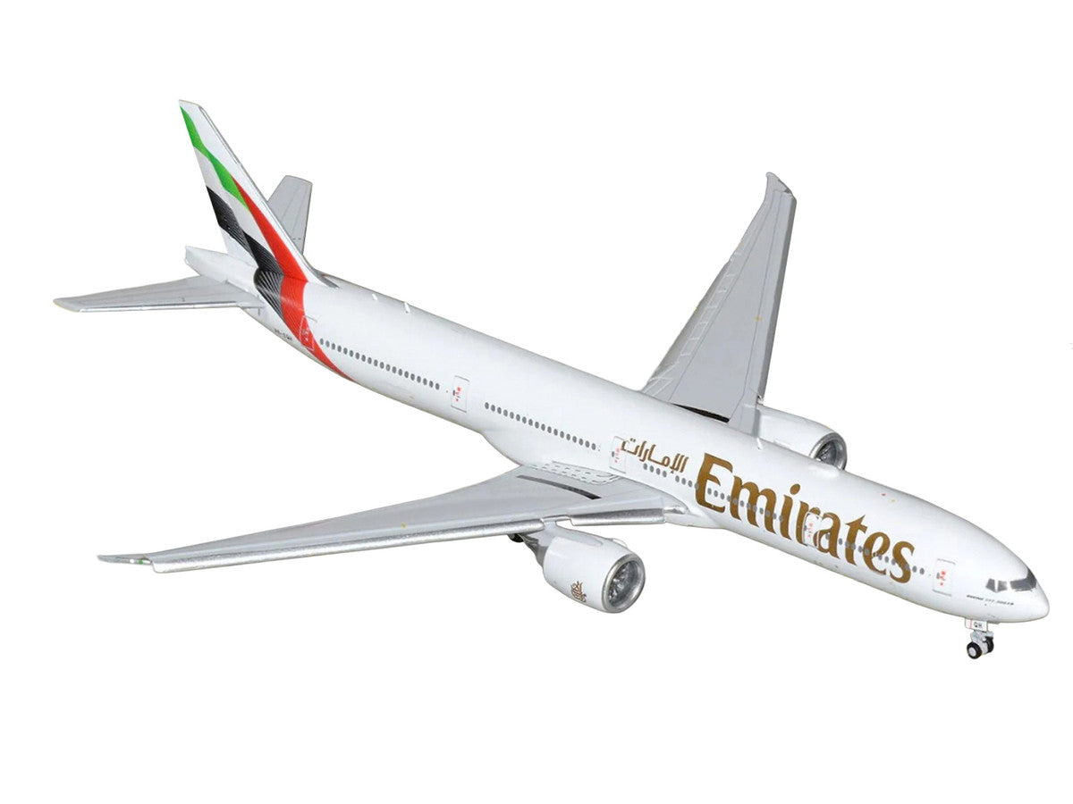 Boeing 777-300ER Commercial Aircraft with Flaps Down "Emirates Airlines" (A6-EQH) White with Striped Tail 1/400 Diecast Model by GeminiJets LuxuryLifeWay Online Store