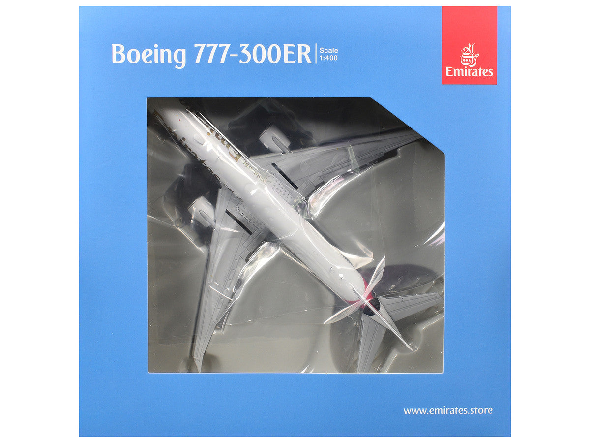 Boeing 777-300ER Commercial Aircraft with Flaps Down "Emirates Airlines" (A6-EQH) White with Striped Tail 1/400 Diecast Model by GeminiJets LuxuryLifeWay Online Store
