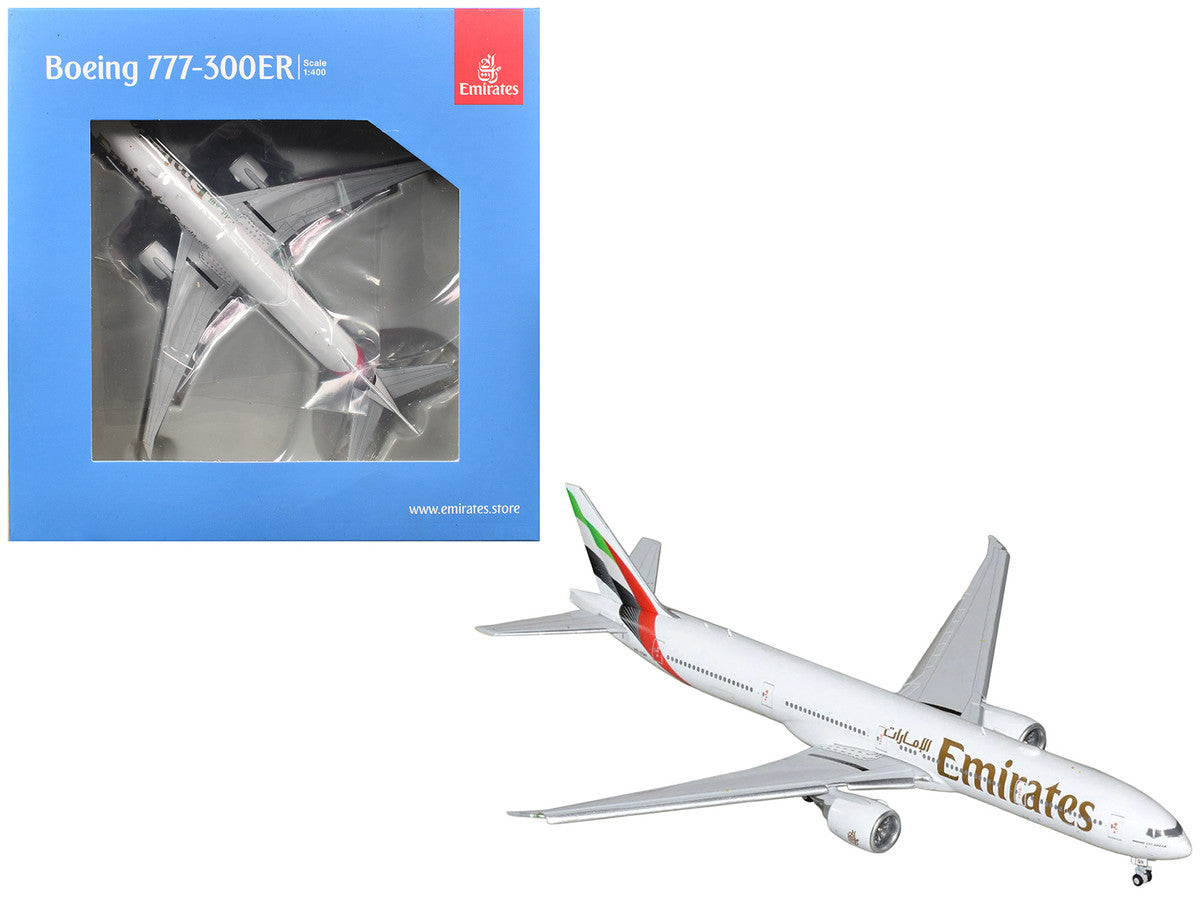 Boeing 777-300ER Commercial Aircraft with Flaps Down "Emirates Airlines" (A6-EQH) White with Striped Tail 1/400 Diecast Model by GeminiJets LuxuryLifeWay Online Store