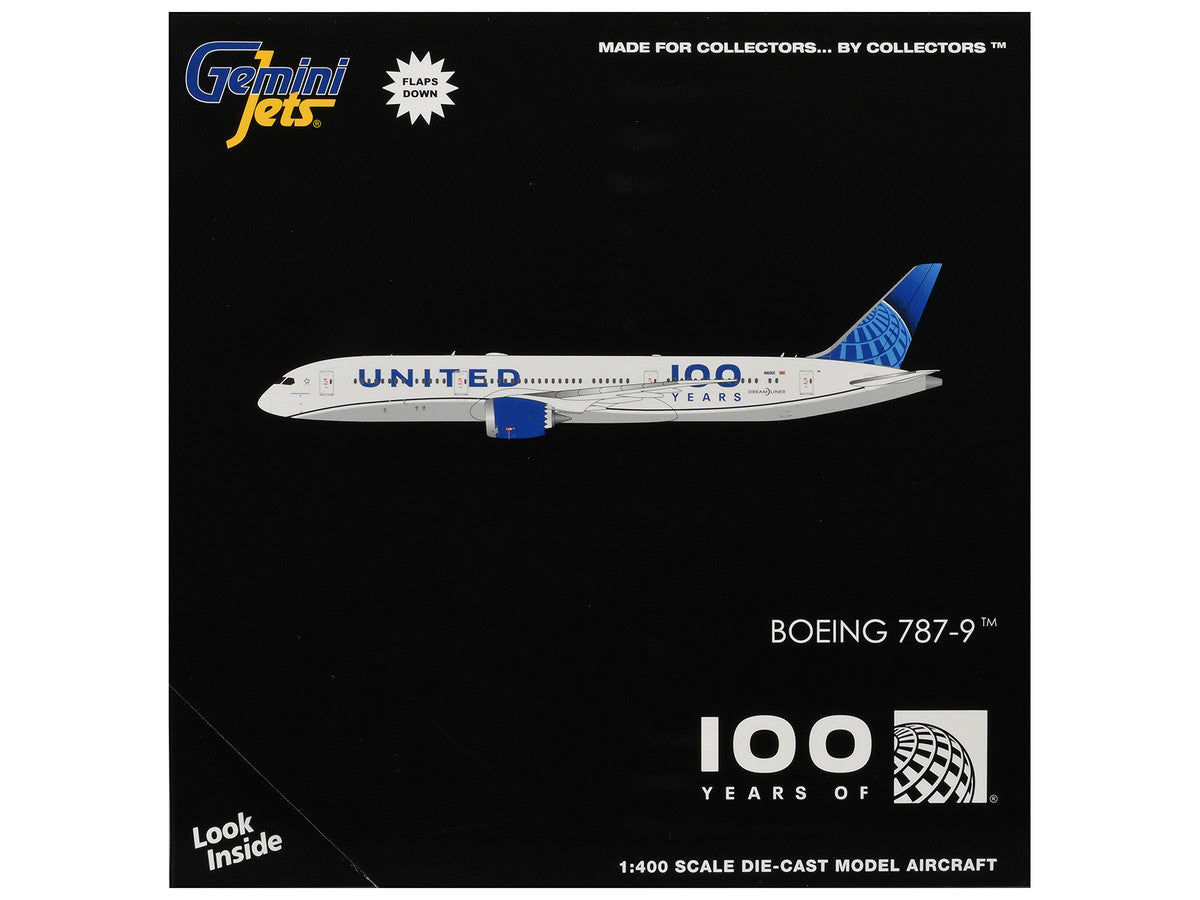 Boeing 787-9 Commercial Aircraft with Flaps Down "United Airlines 100 Years" (N61101) White with Graphics and Blue Tail 1/400 Diecast Model by GeminiJets LuxuryLifeWay Online Store