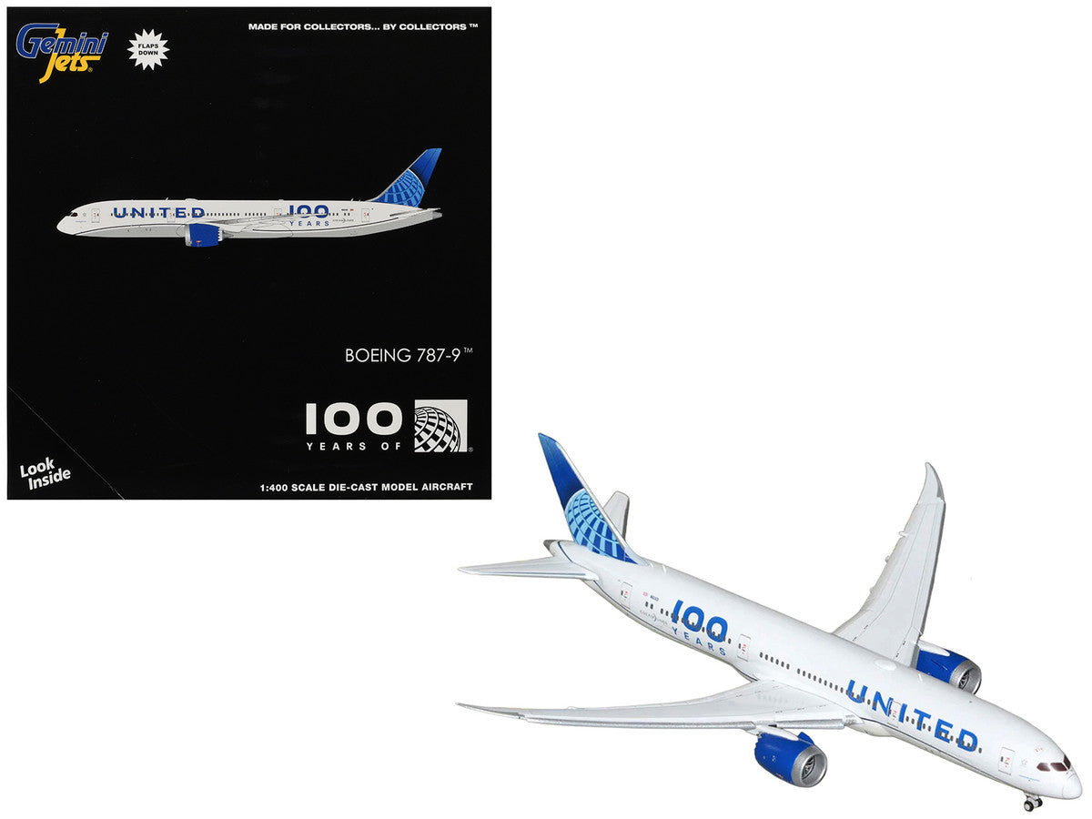 Boeing 787-9 Commercial Aircraft with Flaps Down "United Airlines 100 Years" (N61101) White with Graphics and Blue Tail 1/400 Diecast Model by GeminiJets LuxuryLifeWay Online Store