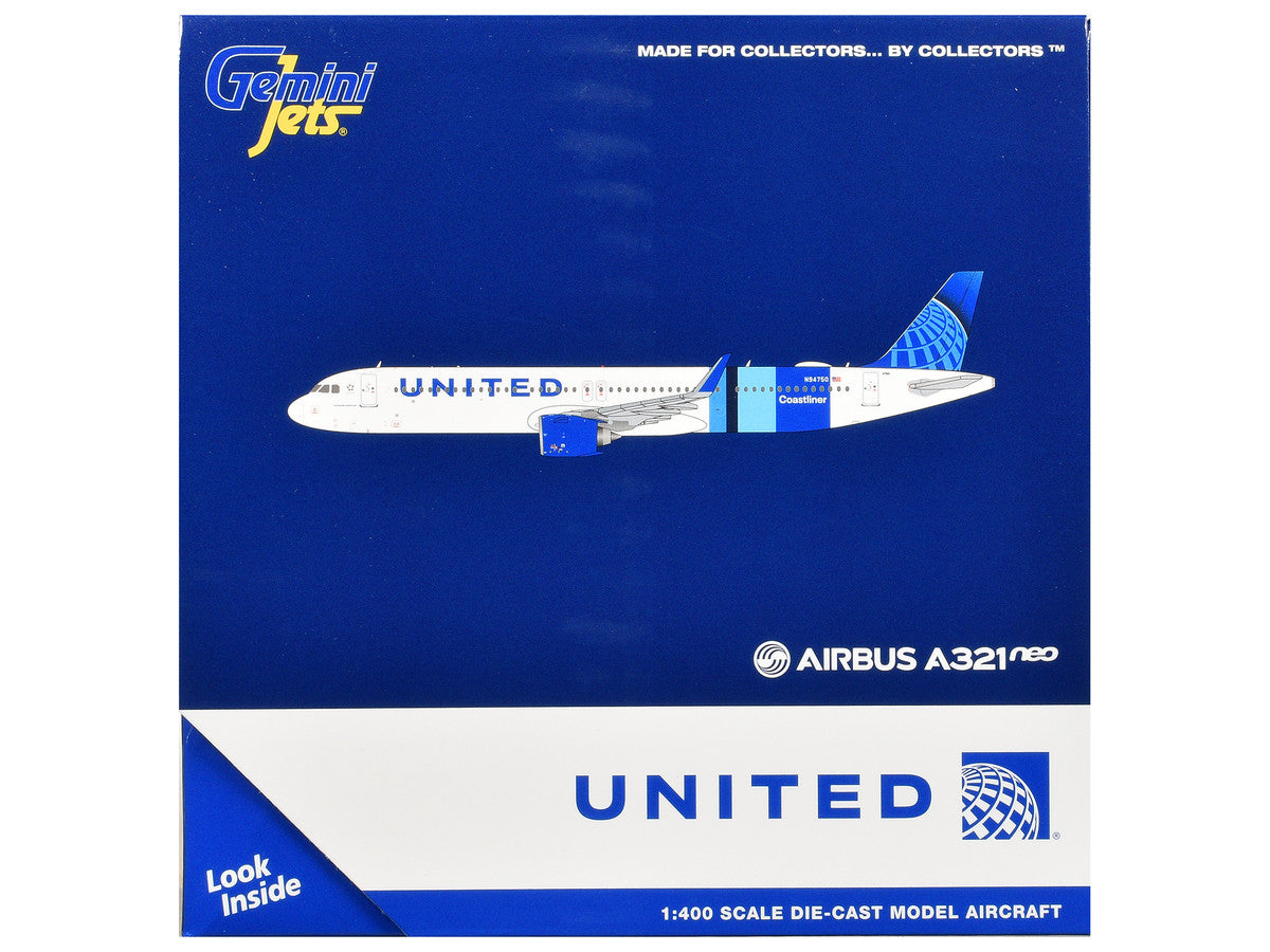 Airbus A321neo Commercial Aircraft "United Airlines Coastliner" (N94750) White with Blue Stripes and Tail 1/400 Diecast Model Airplane by GeminiJets LuxuryLifeWay Online Store