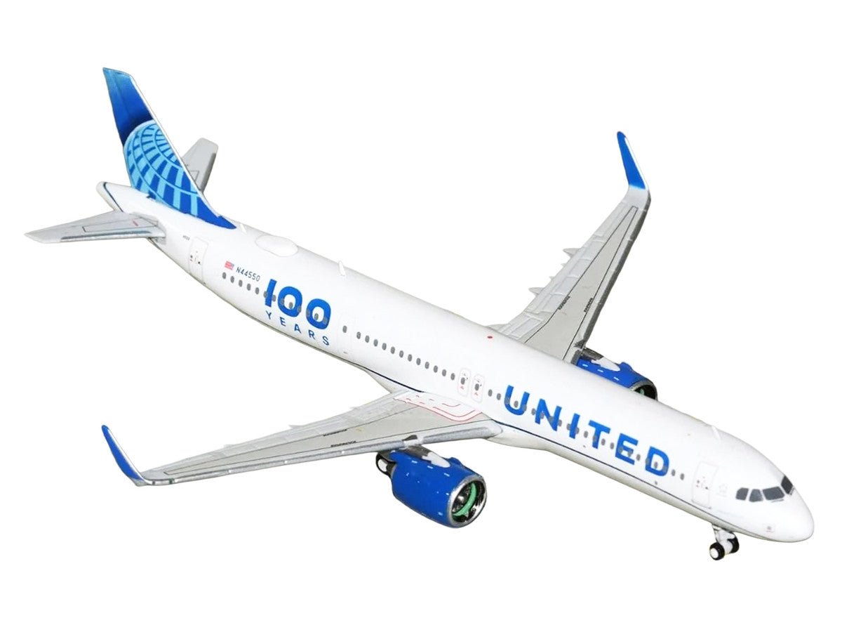 Airbus A321neo Commercial Aircraft "United Airlines 100 Years" (N44550) White with Blue Tail 1/400 Diecast Model Airplane by GeminiJets LuxuryLifeWay Online Store