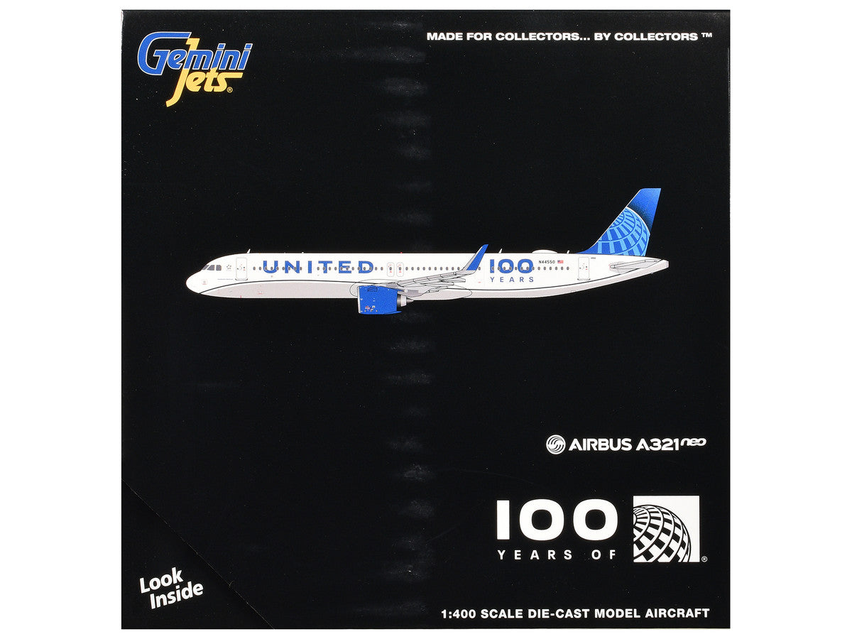 Airbus A321neo Commercial Aircraft "United Airlines 100 Years" (N44550) White with Blue Tail 1/400 Diecast Model Airplane by GeminiJets LuxuryLifeWay Online Store